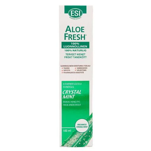 ALOE FRESH CRYSTAL MINT on fluoriton geelimäinen hammastahna, joka koostuu 100 % luonnollisista ainesosista. Aloe vera ja merilevä hoitavat ikeniä, samalla kun minttu ja mentoli raikastavat hengitystä pitkävaikutteisesti. Ksylitoli auttaa palauttamaan suun normaalin pH-arvon, joka estää plakin muodostumista ja hampaiden reikiintymistä